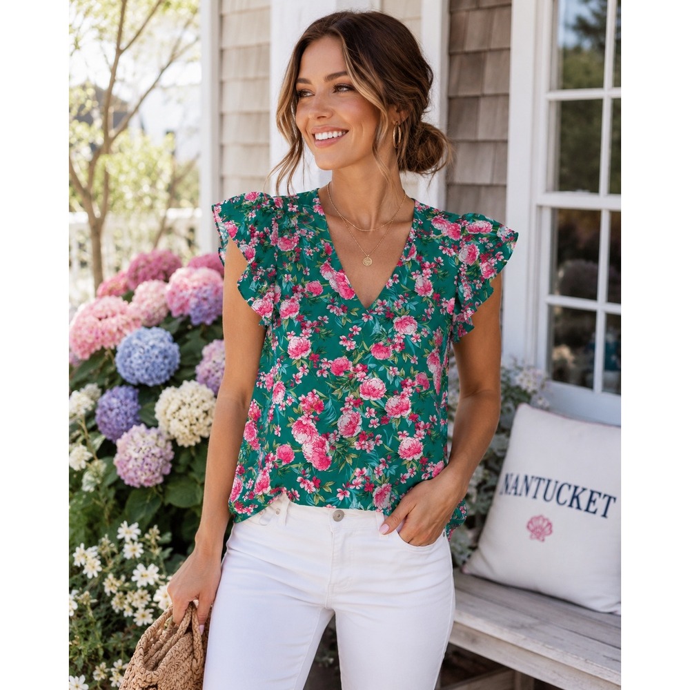 Nantucket Floral Flutter Sleeve Blouse Teal Peony Cottagecore Top Coastal Sz L